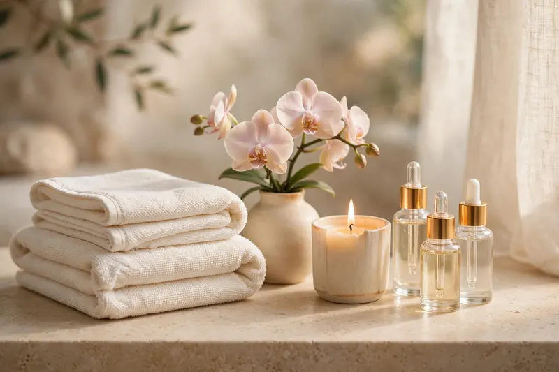 Folded ivory towels, a blush orchid and a candle on a beige stone counter