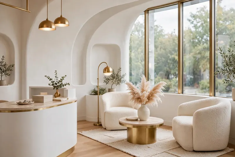 Bright modern clinic reception with cream armchairs and soft daylight