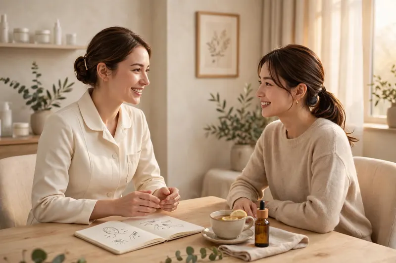 A practitioner talking warmly with a client during a consultation