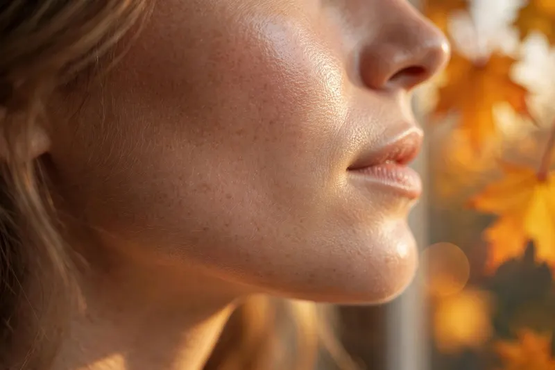 Glowing skin in warm golden autumn light with blurred autumn leaves