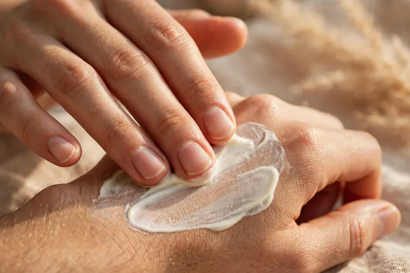 Hands applying rich ivory moisturising cream to skin in soft warm light