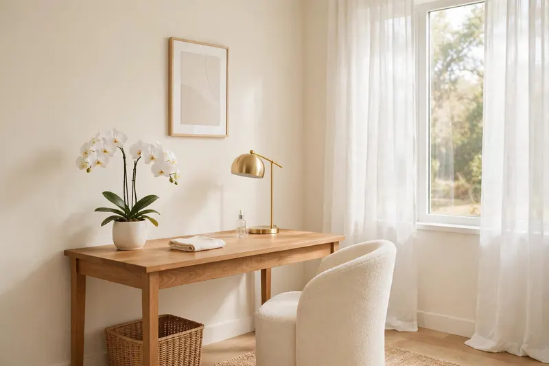 Bright minimalist aesthetics consultation room in cream and gold tones
