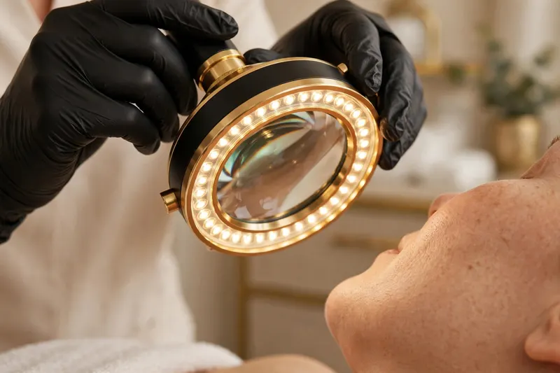 Practitioner examining skin with a magnifying lamp during consultation