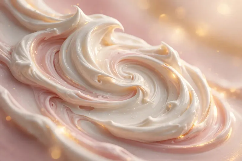 A swirl of ivory and blush skincare cream texture with golden light accents