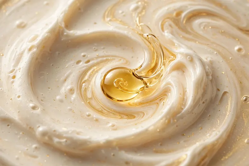 Golden serum drop swirling in ivory cream texture
