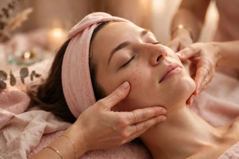 Gentle facial massage ritual in warm calming light