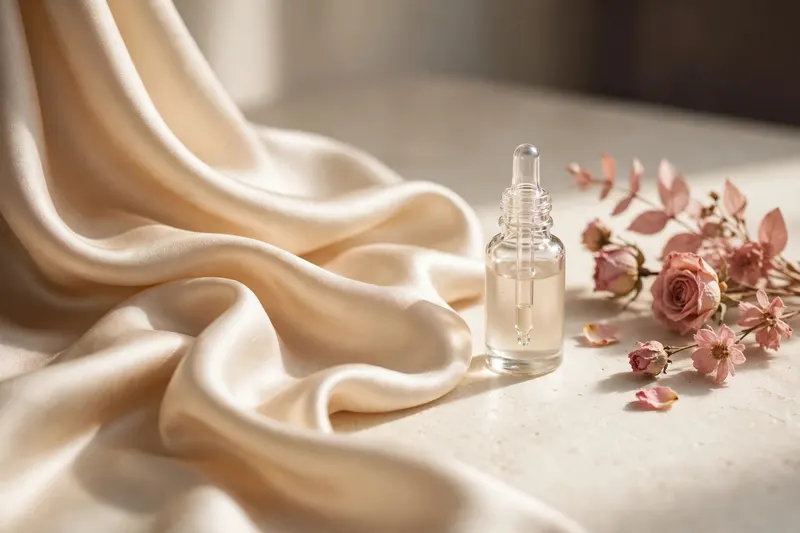 Minimalist display of skincare products on warm beige pedestals