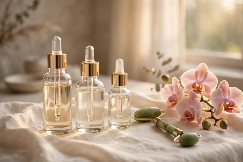Glass serum bottles, a jade roller and a blush orchid arranged in warm golden light