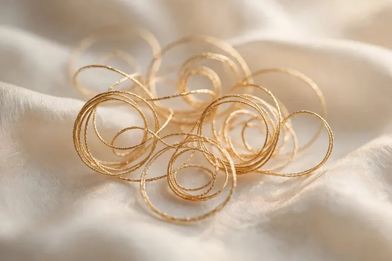 Fine golden threads coiled softly on ivory silk