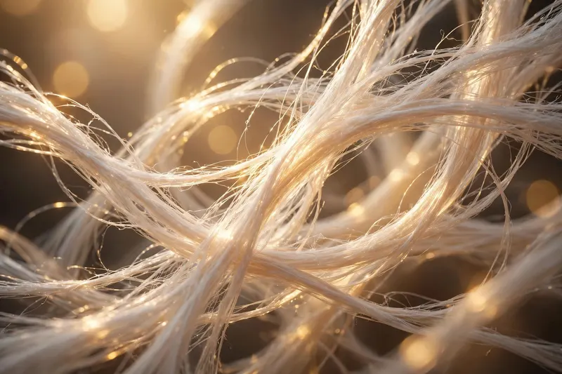 Delicate collagen fibre silk strands glowing in warm light