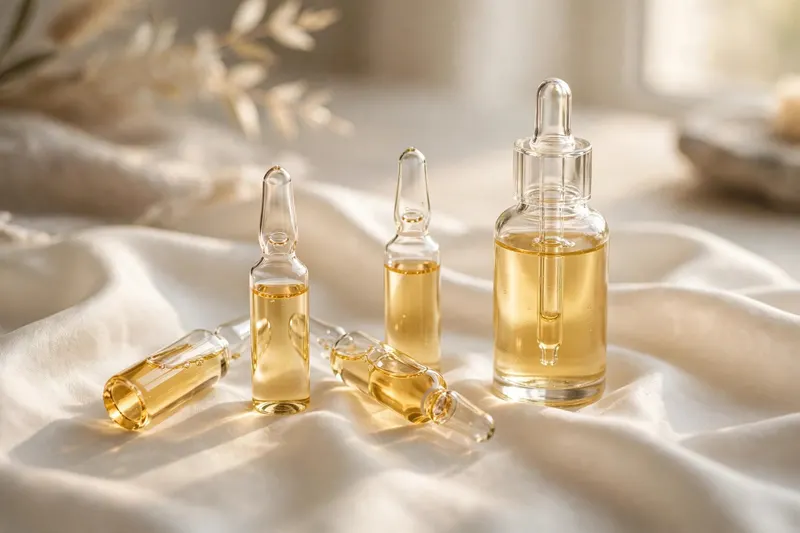 Glass vitamin ampoules and a serum bottle on ivory silk