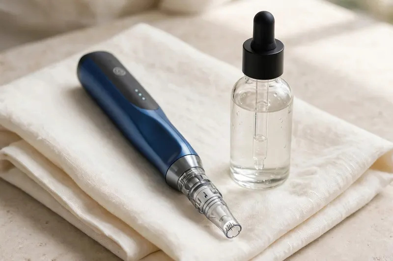 Microneedling pen resting on ivory linen beside a serum bottle